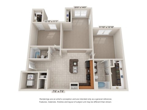 Floor plan for 2 beds, 2 baths, 1275 sqft
